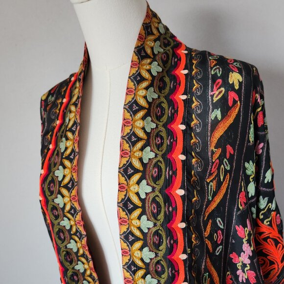 Hemant & Nandita Silk Embroidered Coin Fringe Boho Kimono Cover-Up Multicolor - Picture 4 of 15